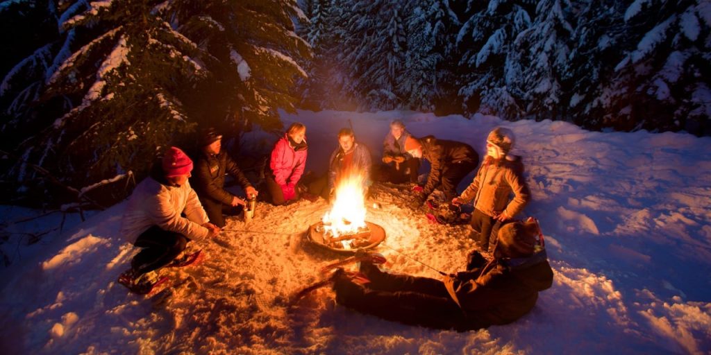 Group gathered around campfire in snowy forest at night